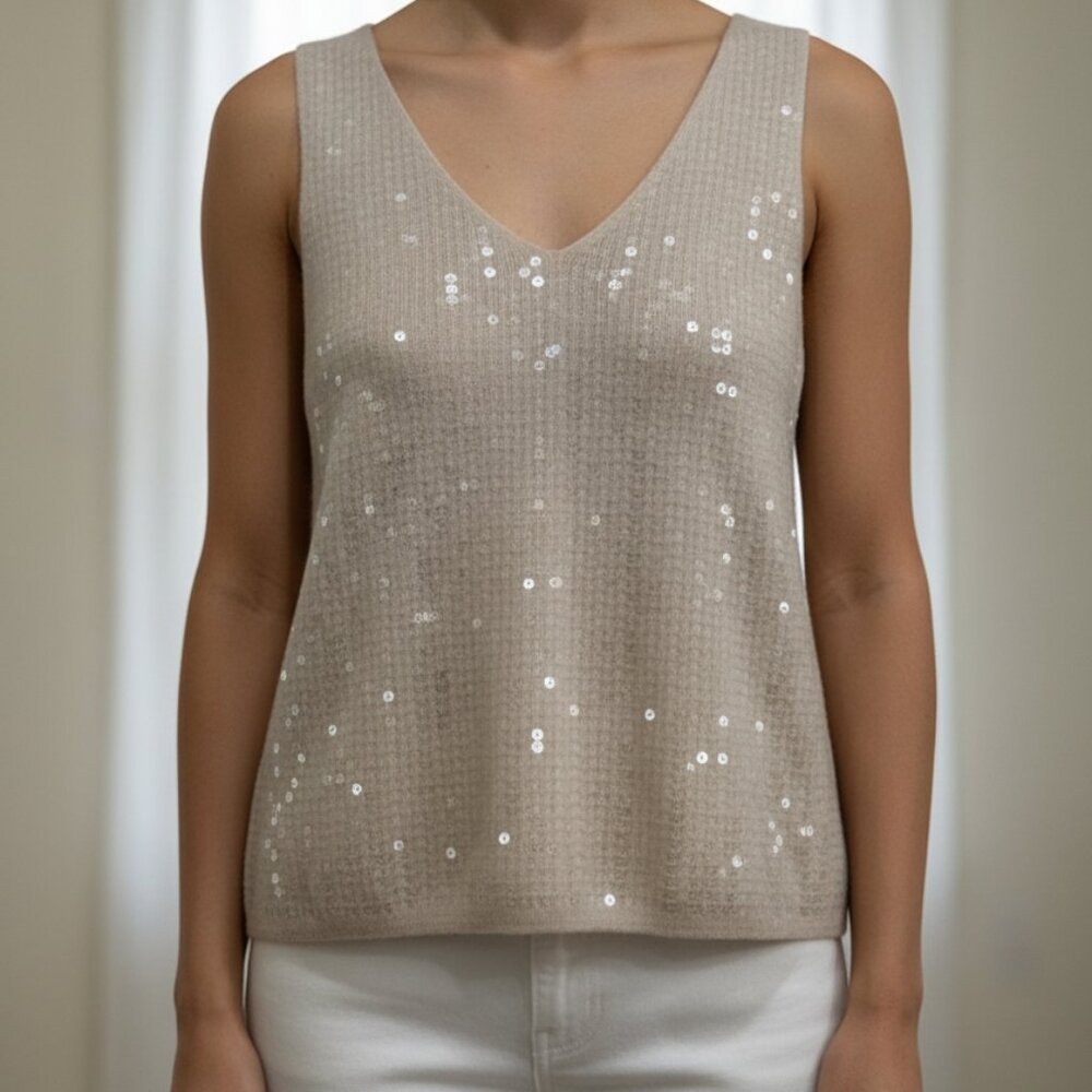 Knit Sequin V-Neck Tank Top Sleeveless Shell Neutral Beige Sparkle | Size M